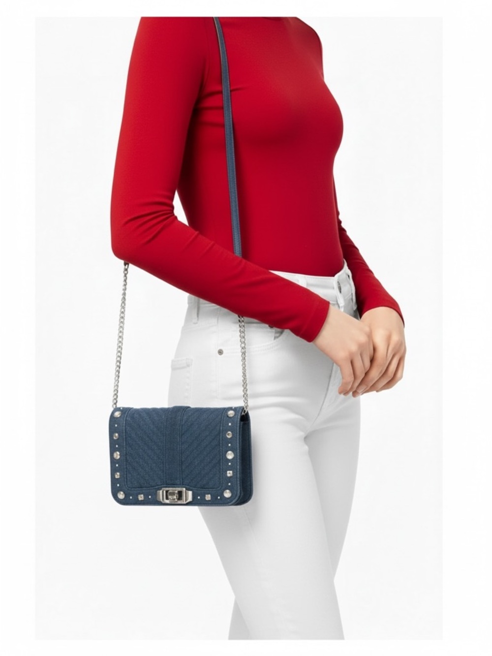 Rebecca Minkoff Edie Studded Pearl Denim Crossbody Bling Chain Bag RARE Like New - Picture 10 of 10